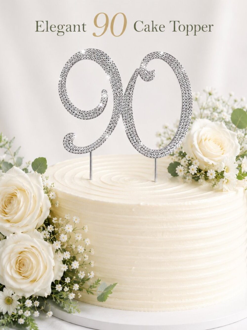 Rhinestone Cake Topper - Number 90 - Silver Metal with Czech Rhinestones